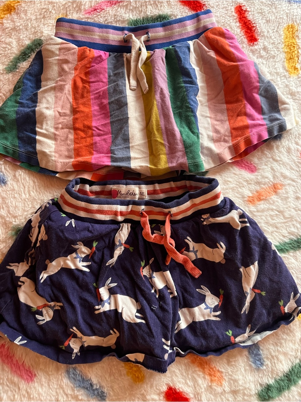 Mini Boden Rainbow Stripe & Navy Bunny Skirts - Bright Multicolor